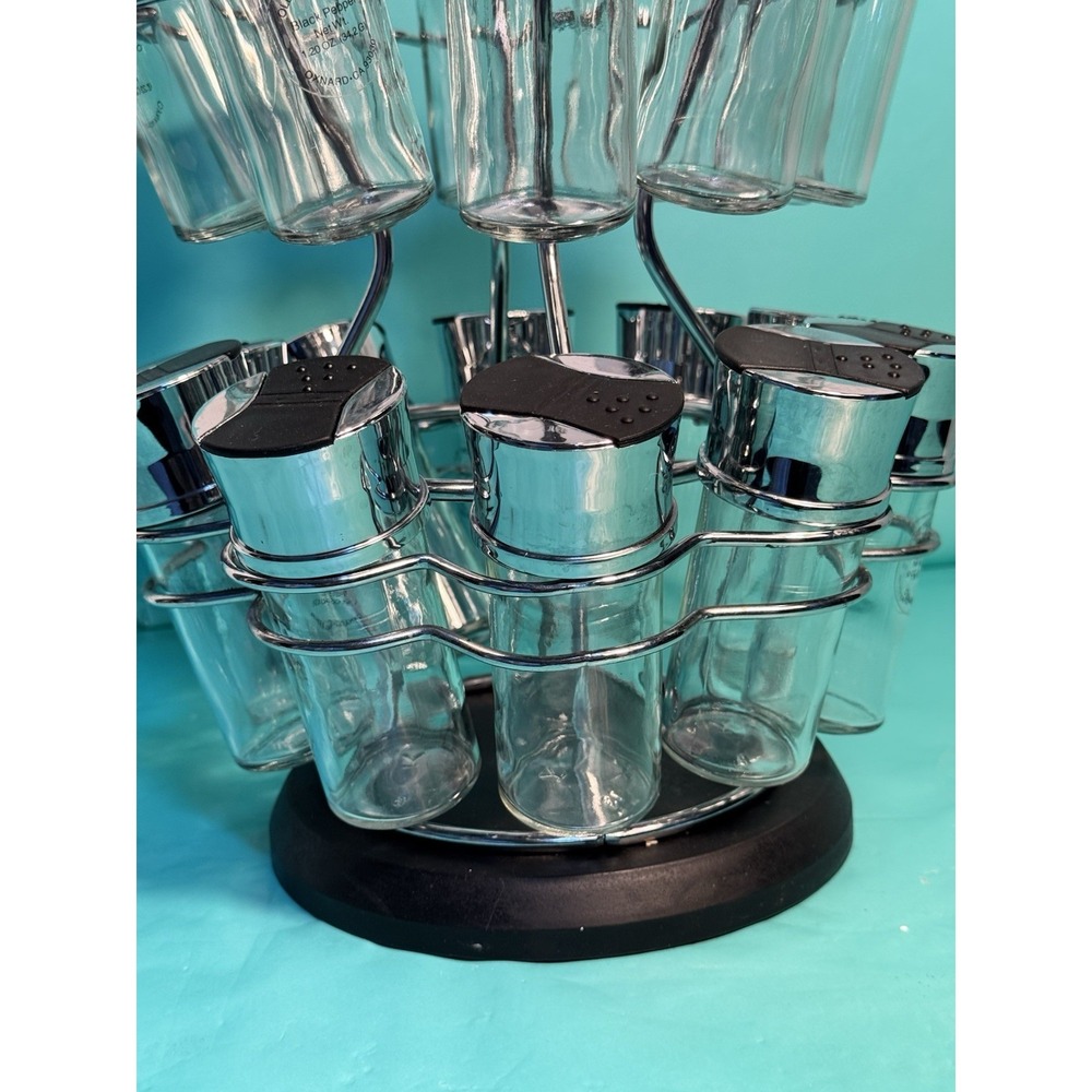 20 Jar Revolving Spice Rack Set Silver Black Glass Carousel Organizer with Lids - Picture 9 of 14